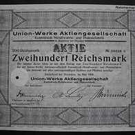 deko: Aktie Union-Werke Kunstdruck Dresden 1933 200 RM