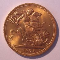 England 1 Sovereign, 1 Pfund Gold Elisabeth II. 1965. (Frühes Jahr, selten)