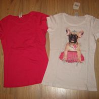 NEU 2x T-Shirt pink weiß C&A Gr. 158/164 Hundedruck (Dogge) NEU (0818)
