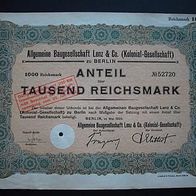 Kolonial-Aktie Allgemeine Bauges. Lenz 1.000 RM 1929