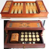 Backgammon Excalibur, Kirschholz, Leder, Spielsteine vergoldet/ versilbert