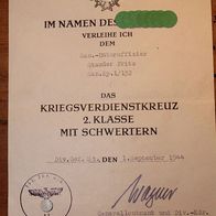 Original Urkunde KvK 2. Klasse m. Schwerter, San. Uffz San. Kp. 1/132