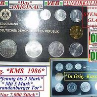 DDR * Orig.-Kursmünzensatz 1986 * ST. + UZ. + 5 Mark Brandenb. Tor + Box