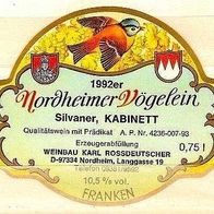 ALT ! Weinetikett "1992er Vögelein" Weinbau Nordheim am Main Lkr. Kitzingen Franken