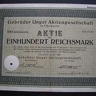 Aktie Gebrüder Unger Chemnitz Wurstmasch. 100 RM 1928