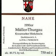 ALT ! Weinetikett "1990er Müller-Thurgau" Staatsweingut Bad Kreuznach Rheinland-Pfalz