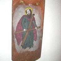 Dachziegel Ton Ziegel bemalt mit heiliger Andreas Sankt Martin Figur + Kreuz 18x38cm