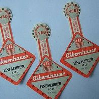 3 alte Bügel-Etiketten Brauerei Olbernhau, ca. 1960