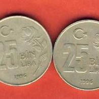 Türkei 2x 25 Bin Lira 1996 mit Randschrift rechts + Lin