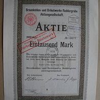 Aktie Braunkohle/ Briket Roddergrube Köln 1.000 M 1909