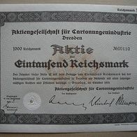 Aktie AG für Cartonnagenindustrie Dresden 1.000 RM 1933