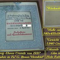 Urkunde * 33 Jahre in Fa.(Tuchfabrik) Braun * Hersfeld * Original von1935