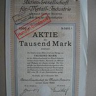 Aktie AG für Metall-Industrie Karlsruhe 1.000 M 1922