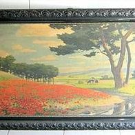 großes Bild * Landschaft Mohnblumen Kühe * 132x68 cm * antiker Schellack Rahmen