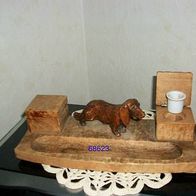 Schreibtischgarnitur Jagdhund handgeschnitzt antik