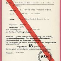 FSK-Karte zum Film NACHT DER reitenden Leichen 1972