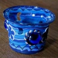 Teelicht-Leuchter, Glas, blau verziert, Teelichthalter
