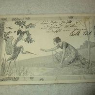 Ak Mädchen füttert Reiher gel. 1901