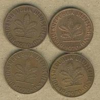 2 Pfennig 1970. D, F, G, J. kompl.