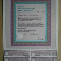 Optionsschein Berliner Elektro-Beteiligungen AG 4 + 4er 1989