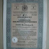 TOP ! Pfandbrief Landesbank der Provinz Ostpreußen 3. Ausgabe 1.000 RM 1936