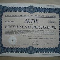 Aktie Grundwert AG Hamburg 1.000 RM 1929