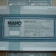 Aktie MAHO AG Pfronten 50 DM 1992 + vollst. Couponbogen