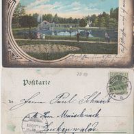 Wurzen Litho 1904 Park mit Personen postalisch gelaufen kleiner Riss rechts