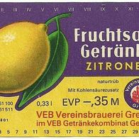 ALT ! DDR Getränke-Etikett "ZITRONE" : VEB Vereinsbrauerei Greiz (GK Gera) Thüringen