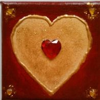 Liebe, Herz, rot-gold, Acryl a. Leinwand,10x10cm, Straß, Original