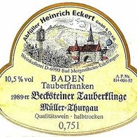 ALT ! Weinetikett 1989er Becksteiner Tauberklinge Bad Mergentheim-Edelfingen