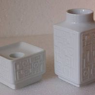 2 -Teiliges Porzellanset : Viereckige Vase und Kerzenständer.