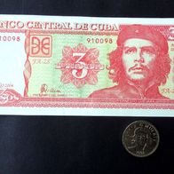 Kuba, Che Guevara, 3 Peso Münze, 3 Peso Geldschein, je 1 Stück, akt. Zahlungsmittel