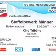 Ticket Eintrittskarte IBU-Biathlon-WM Hochfilzen Männer-Staffel 18. 2. 2017 Tirol
