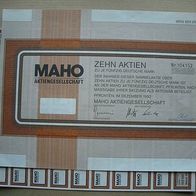 Aktie 10er MAHO AG Pfronten 500 DM 1992 + vollst. Couponbogen