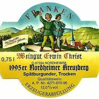 ALT ! Weinetikett "Kreuzburg Spätburgunder 1995" Weingut E. Christ Nordheim/ Main