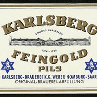 Bieretikett "Feingold Pils" Karlsberg-Brauerei K. G. Weber Homburg Saarpfalz-Kreis