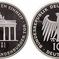Silber 10 DM 1991 in stgl., 200 Jahre Brandenburger Tor zu Berlin