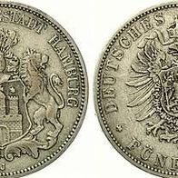 Deutschland Silber 5 Mark Hamburg 1876J Wappen / Reichsadler 1. Modell