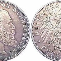 Württembeg Silber 5 Mark 1895F, König Wilhelm II. (1891-1918) ss+ , J. 176