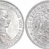 Preussen 3 Mark Silber Wilhelm II. in Kürassier - Uniform 1914 A, J. 29, vz+