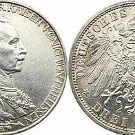 Preussen 3 Mark Silber Wilhelm II. 25. Jahrestag Thron, 1913 A, vz+