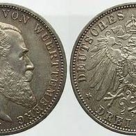 Württemberg 3 Mark 1914 F, König Wilhelm II. (1891-1918) f. vz , J. 175
