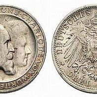Württemberg Silber 3 Mark 1911 F, Silberhochzeit König Wilhelm II. u. Charlotte