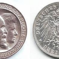 Württemberg 3 Mark 1911 F, Silberhochzeit König Wilhelm II. u. Charlotte J. 177, vz+