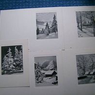5 alte Grußkarten mit Wintermotiven - 50er Jahre