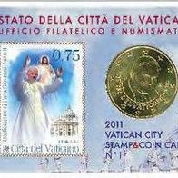 Amtliche Münzkarte Vatikan 2011 zu 50 cent mit 75 cent Briefmarke Seligsprechnung