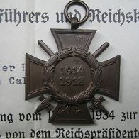 Ehrenkreuz für Frontkämpfer / Hindenburg Kreuz + Verleihungs Urkunde - original