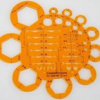 Zeichenschablone Kreisbögen und Sechsecke, R1-R22 mm, M2-M24