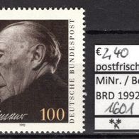 BRD / Bund 1992 25. Todestag von Konrad Adenauer MiNr. 1601 postfrisch